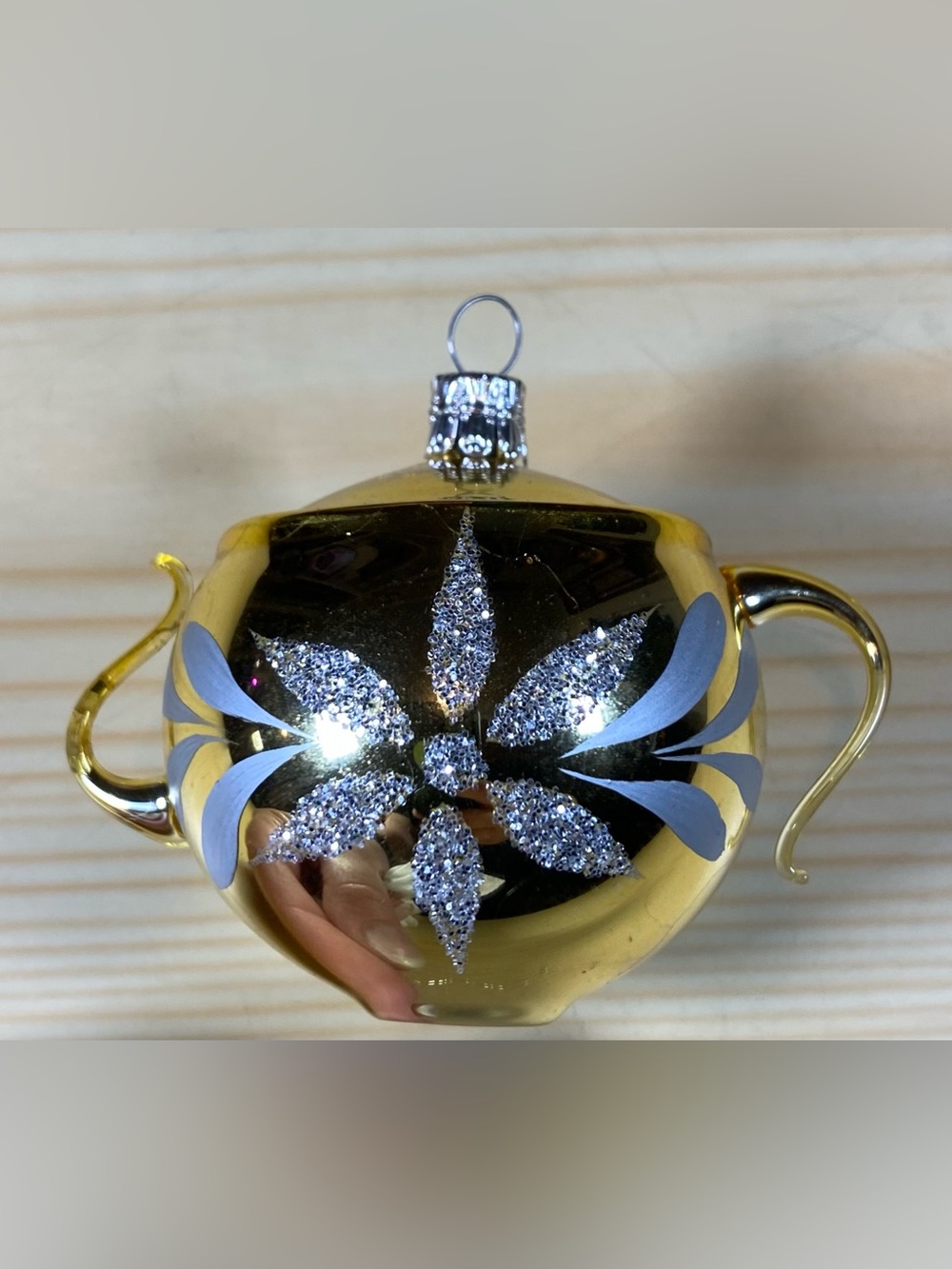Czechoslovakia Vintage Blown Mercury Glass Gold Silver Teapot Ornament Mica